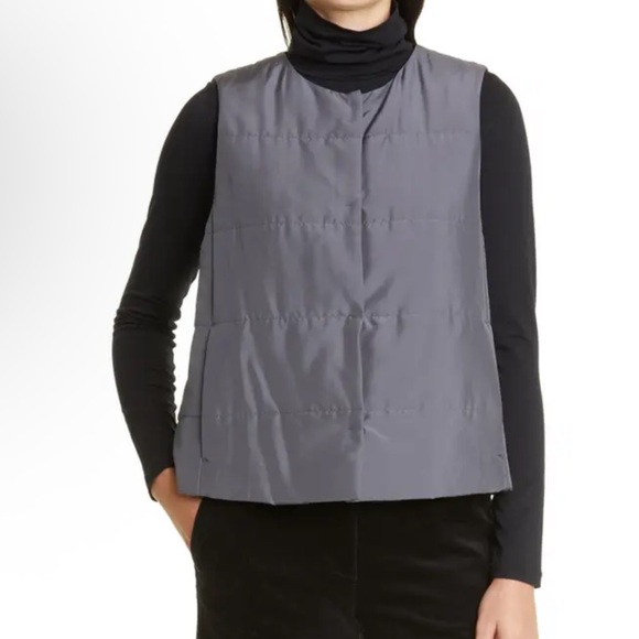 EILEEN FISHER Womens Beige Pocketed Zippered Quilted Buttoned Sleeveless Stand Collar Vest Top